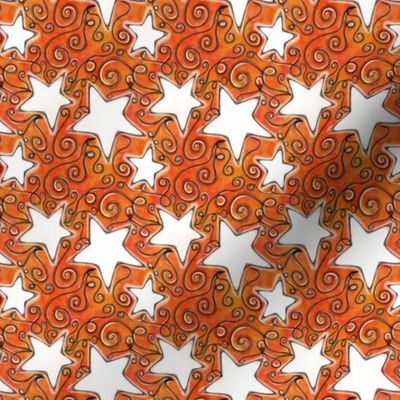 White Stars on Sunset Orange Watercolor Swirls