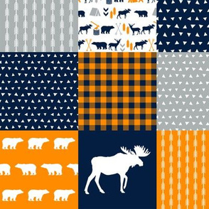 patchwork cheater quilt, quilt squares, orange navy and grey cheater fabrics