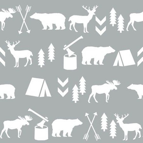 woodland, grey woodland fabric, outdoors camping bear moose deer