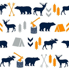 navy and orange outdoors fabric, cute design for kids woodland fabrics