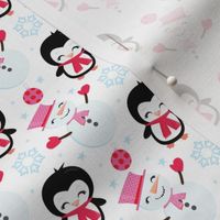 Penguins & Snowmen fabric in Peppermint / kids cute clothing fabric pajama fabric