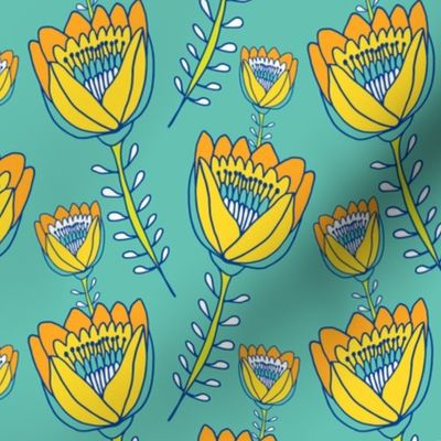 Folk Fiore Tulips Teal & Yellow