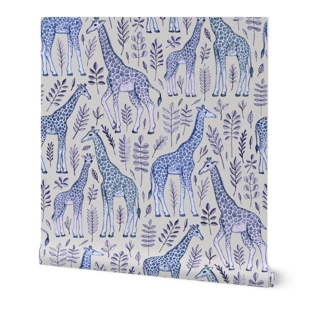 Giraffes and Leaves in Blue and Grey