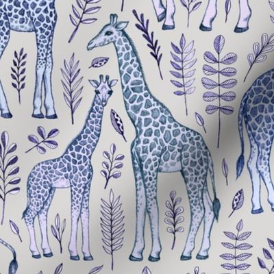 Giraffes and Leaves in Blue and Grey