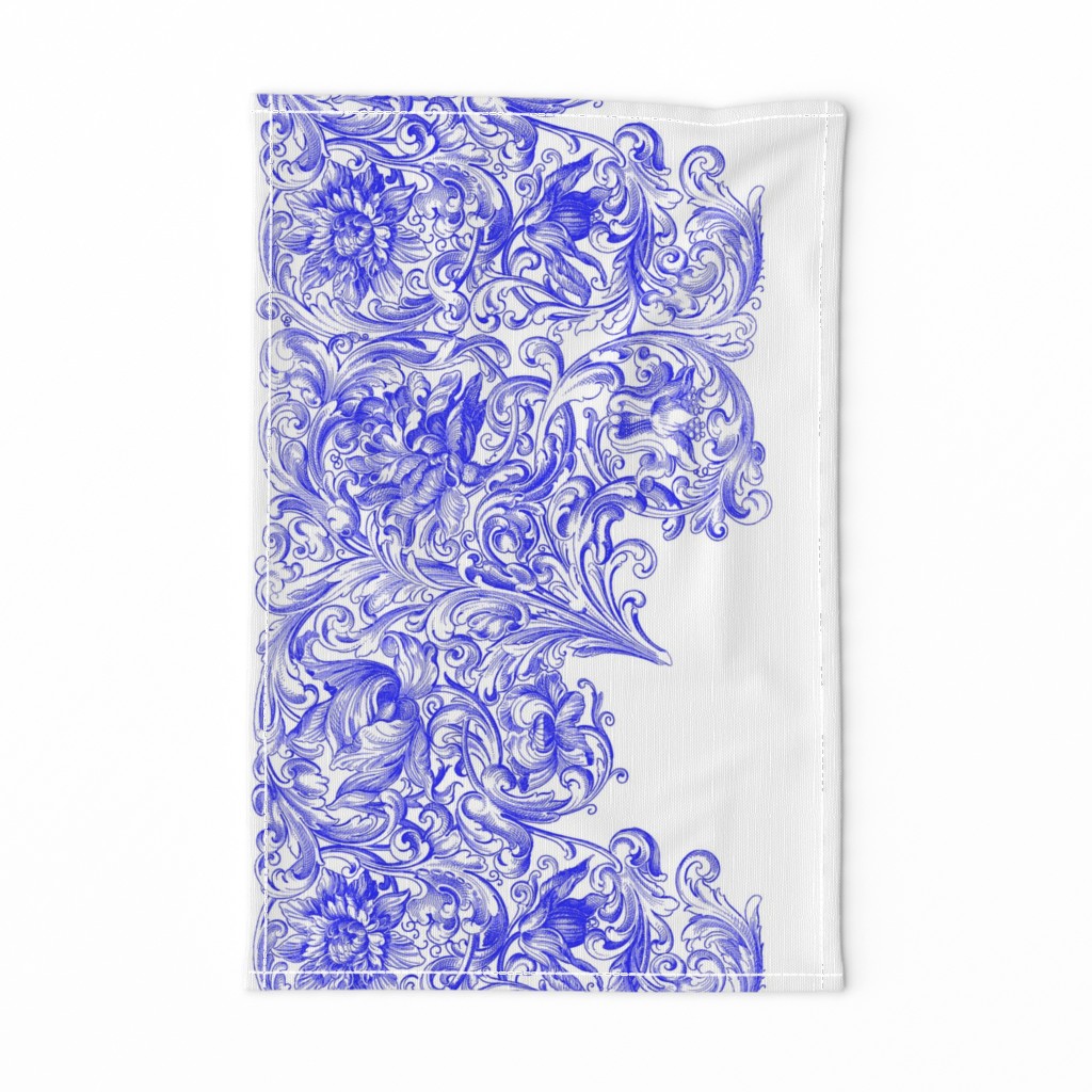 Rococo Border Print ~ White on Sevilla Blue and White 