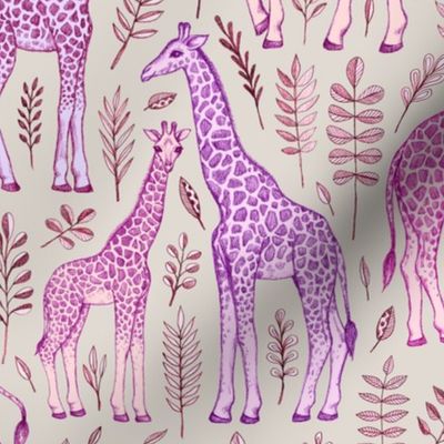 Giraffes in Pink and Purple on Grey