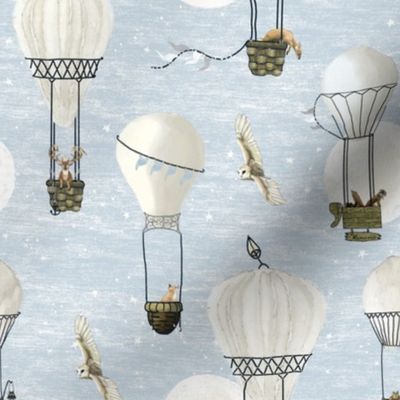 Small White hot air balloons, stars and moon medium scale with woodland animals on baby blue sky, light blue, wildlings, owl, nursery, baby boy, home decor