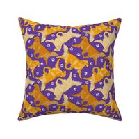 Trotting Golden Retrievers and paw prints - purple