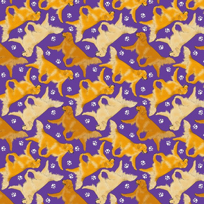 Trotting Golden Retrievers and paw prints - purple