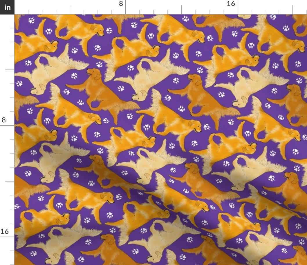 Trotting Golden Retrievers and paw prints - purple