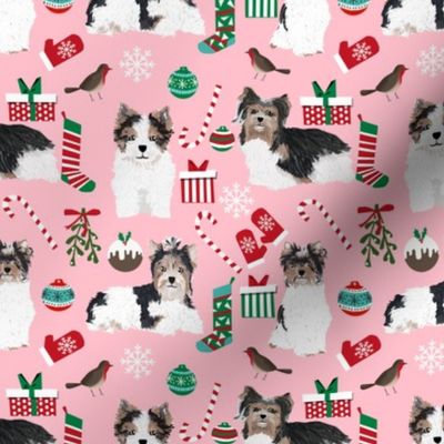 biewer terrier pink christmas fabric cute toy breed dog design cute yorkie toy dogs fabric