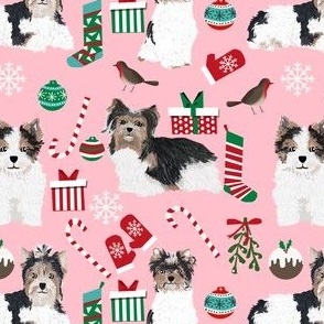 biewer terrier pink christmas fabric cute toy breed dog design cute yorkie toy dogs fabric