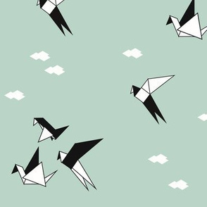 Origami birds - cranes black and white on mint 