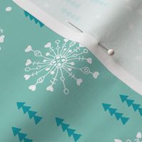 Pine trees and snow flakes winter wonderland and christmas holidays theme mint