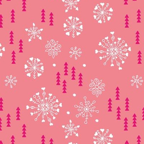 Pine trees and snow flakes winter wonderland and christmas holidays theme pink