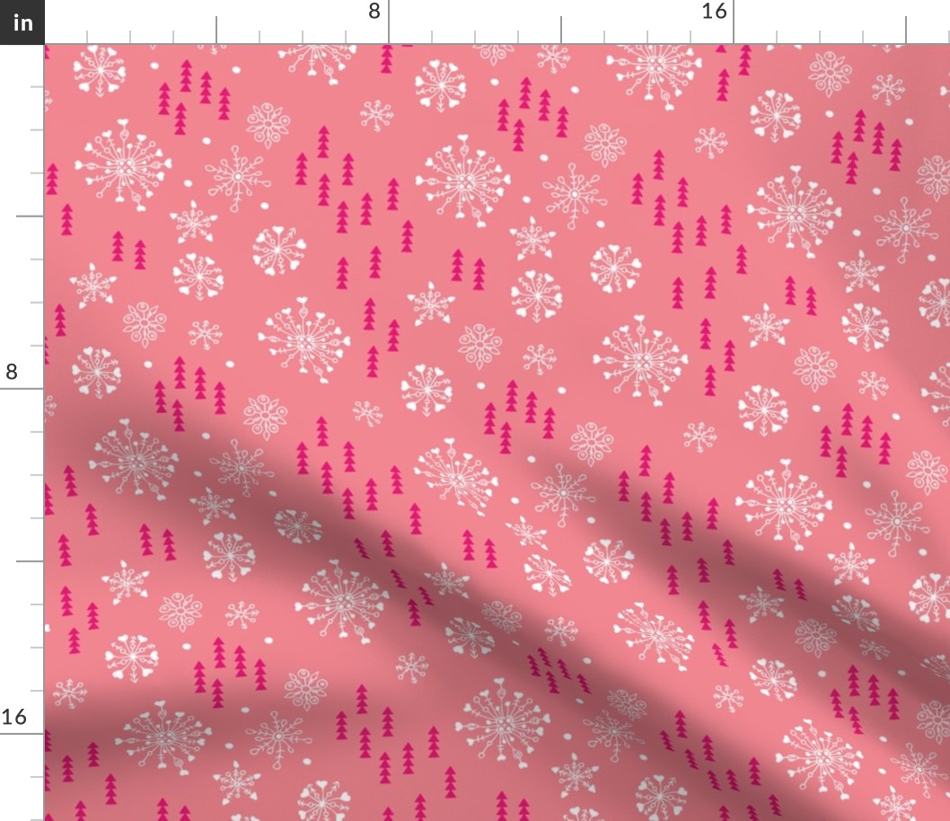 Pine trees and snow flakes winter wonderland and christmas holidays theme pink