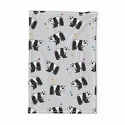 Pandas Everywhere! on grey with rainbow hearts