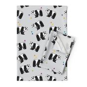 Pandas Everywhere! on grey with rainbow hearts