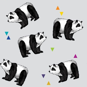 Pandas Everywhere! on grey with rainbow hearts