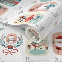 christmas gift tags with cute woodland animals, santa claus, snowman and poinsettia