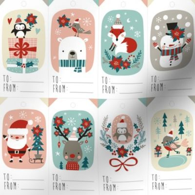 christmas gift tags with cute woodland animals, santa claus, snowman and poinsettia