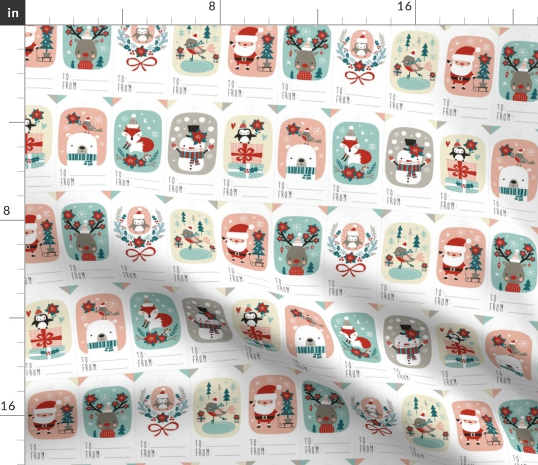 christmas gift tags with cute woodland animals, santa claus, snowman and poinsettia