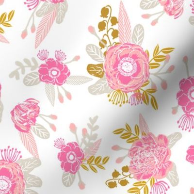 fox florals cute floral pink and yellow fabric cute painted flowers cute florals fabric