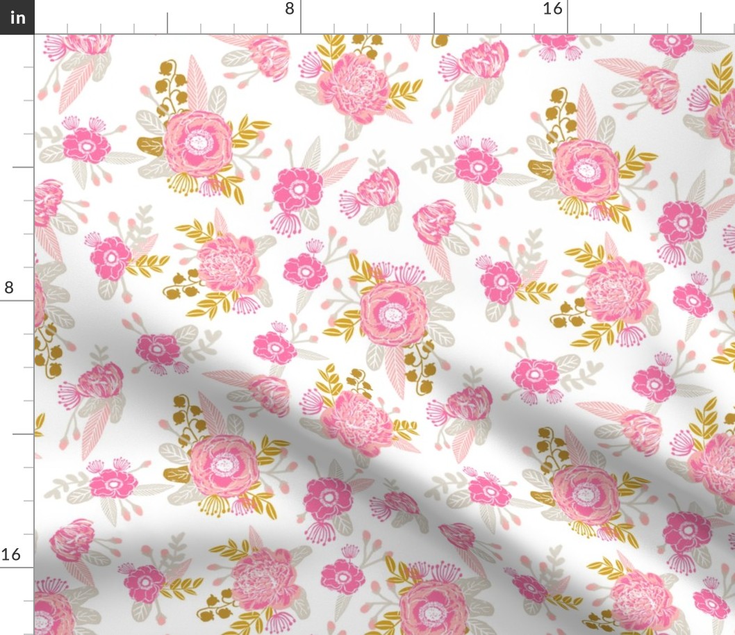 fox florals cute floral pink and yellow fabric cute painted flowers cute florals fabric