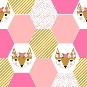 hexie quilt fox hexagon quilt cheater quilt pink fox fabric cute quilt pink fabric