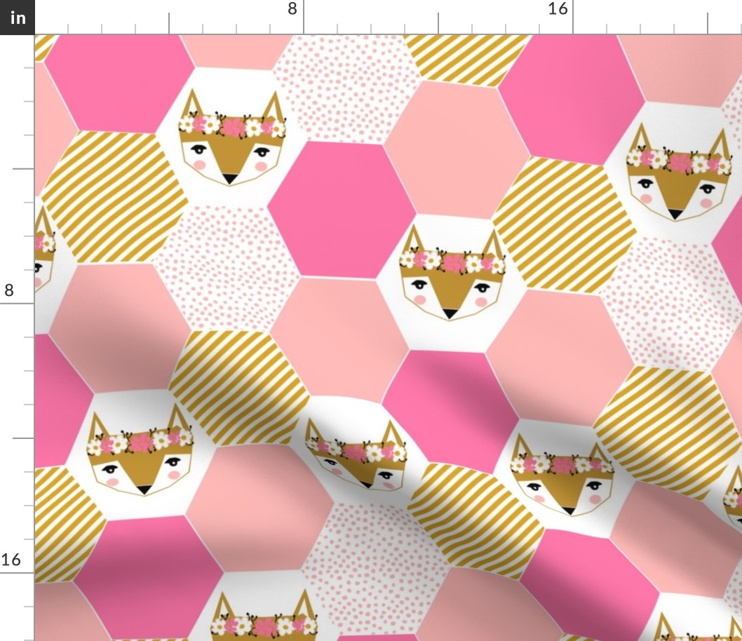 hexie quilt fox hexagon quilt cheater quilt pink fox fabric cute quilt pink fabric