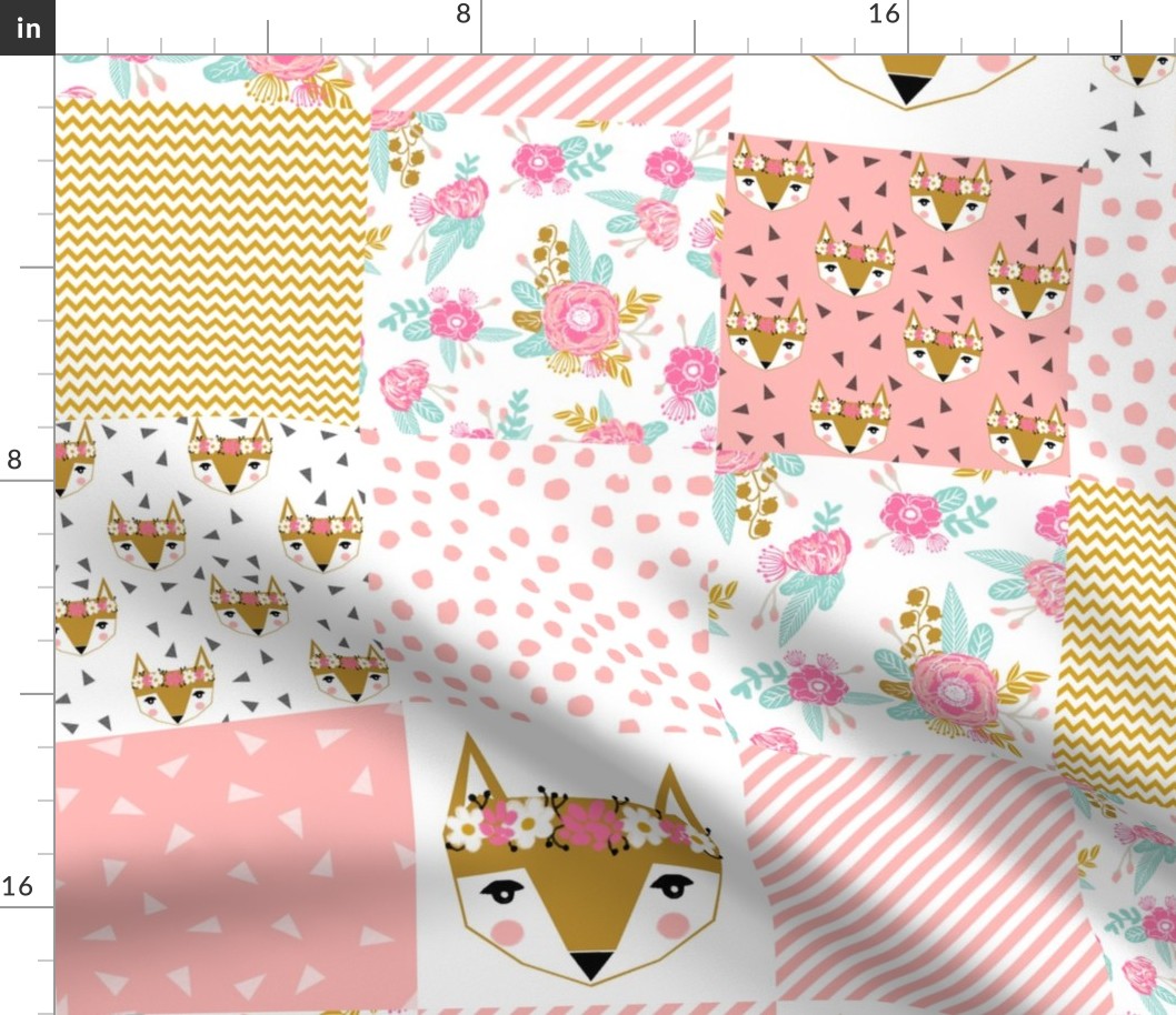 fox florals patchwork cheater quilt fox fabric floral fabric cute flower pink flowers cute pink fabric