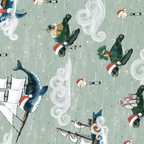 Horizontal Christmas Nautical Fantasy Santa hats, whales, narwhal,  sea turtles, lanterns, clouds and stars, winter holiday home decor, large scale, kids fabric, whimsical chirstmas