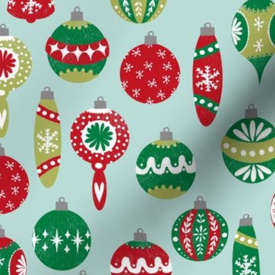 vintage christmas ornaments fabric // red and green christmas fabric vintage retro christmas ornaments xmas holiday fabric