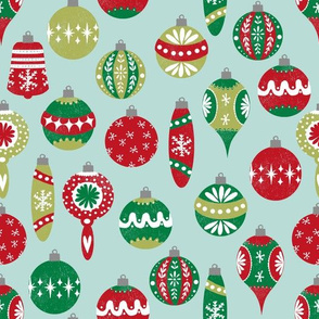 vintage christmas ornaments fabric // red and green christmas fabric vintage retro christmas ornaments xmas holiday fabric