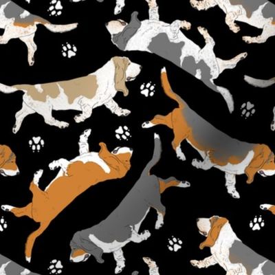 Trotting Basset hounds and paw prints - black