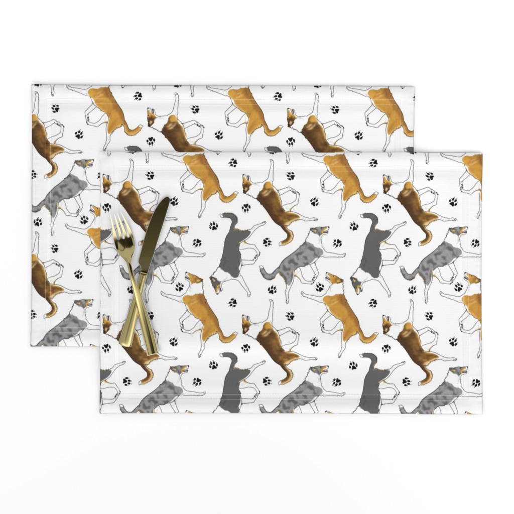 Trotting smooth coated Collies and paw prints - white