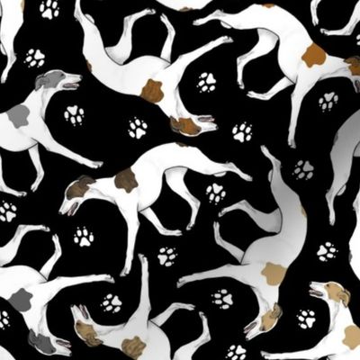 Trotting Whippets and paw prints E - black