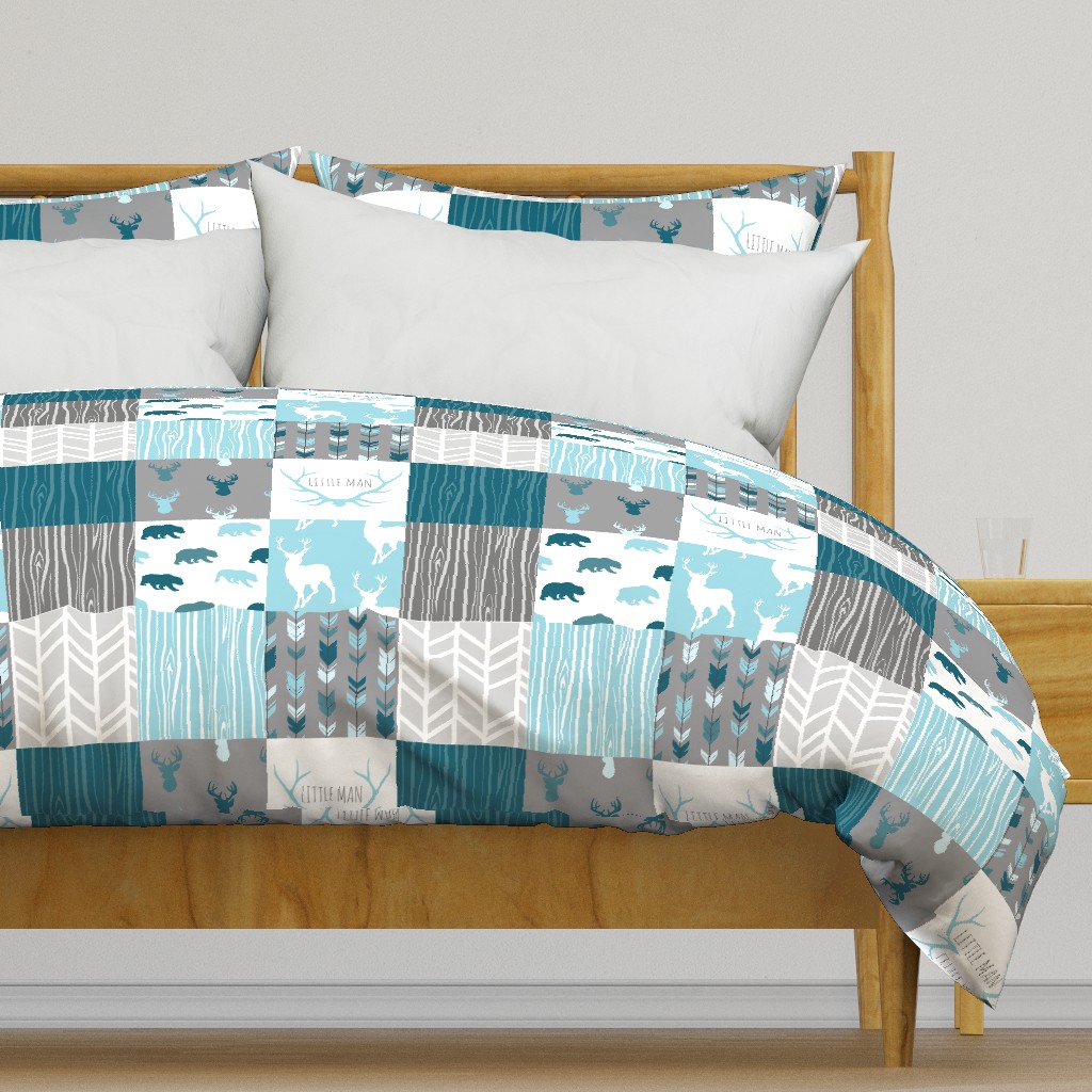 WholeCloth Quilt - Winslow Woodland - blue,grey,teal deer antlers, arrows, Woodgrain patchwork squares