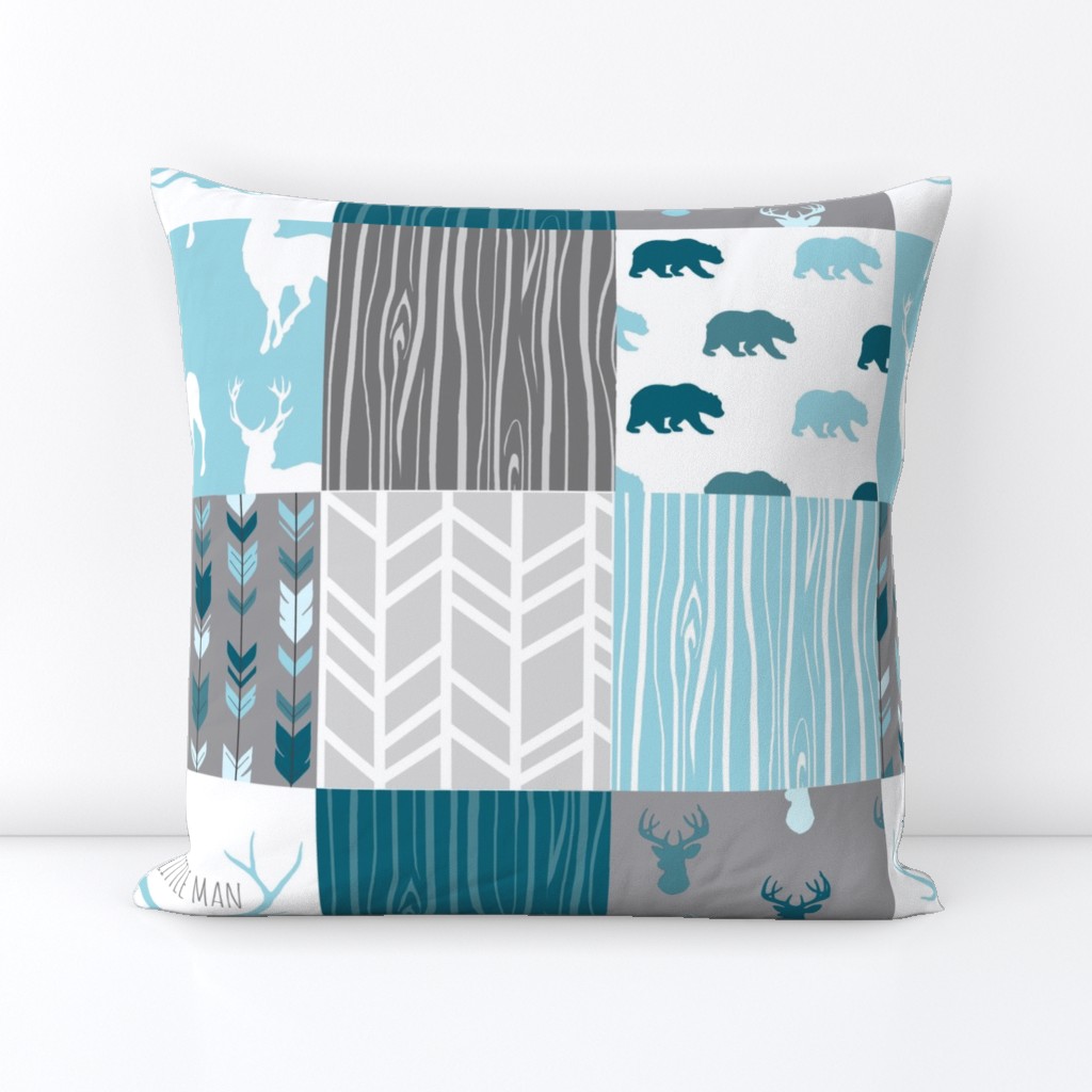 WholeCloth Quilt - Winslow Woodland - blue,grey,teal deer antlers, arrows, Woodgrain patchwork squares