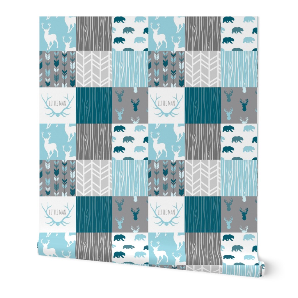 WholeCloth Quilt - Winslow Woodland - blue,grey,teal deer antlers, arrows, Woodgrain patchwork squares