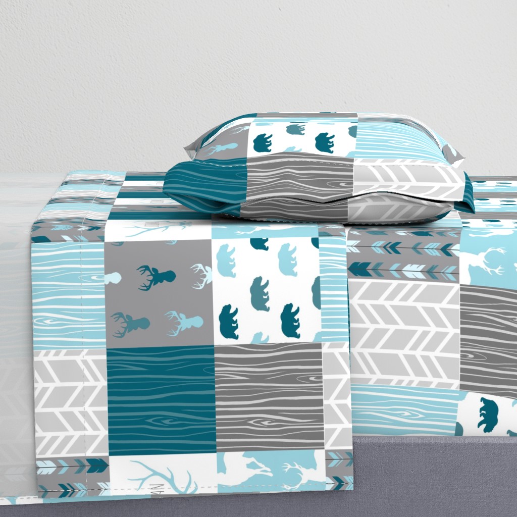 WholeCloth Quilt - Winslow Woodland - blue,grey,teal deer antlers, arrows, Woodgrain patchwork squares