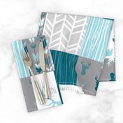 WholeCloth Quilt - Winslow Woodland - blue,grey,teal deer antlers, arrows, Woodgrain patchwork squares