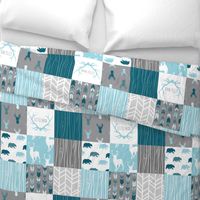 WholeCloth Quilt - Winslow Woodland - blue,grey,teal deer antlers, arrows, Woodgrain patchwork squares