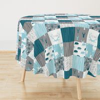 WholeCloth Quilt - Winslow Woodland - blue,grey,teal deer antlers, arrows, Woodgrain patchwork squares