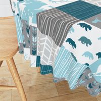 WholeCloth Quilt - Winslow Woodland - blue,grey,teal deer antlers, arrows, Woodgrain patchwork squares