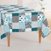 WholeCloth Quilt - Winslow Woodland - blue,grey,teal deer antlers, arrows, Woodgrain patchwork squares