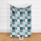 WholeCloth Quilt - Winslow Woodland - blue,grey,teal deer antlers, arrows, Woodgrain patchwork squares