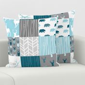 WholeCloth Quilt - Winslow Woodland - blue,grey,teal deer antlers, arrows, Woodgrain patchwork squares