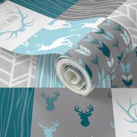 WholeCloth Quilt - Winslow Woodland - blue,grey,teal deer antlers, arrows, Woodgrain patchwork squares