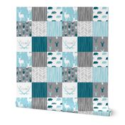 WholeCloth Quilt - Winslow Woodland - blue,grey,teal deer antlers, arrows, Woodgrain patchwork squares